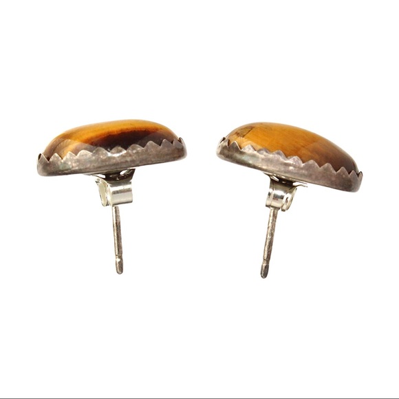 Vintage Tiger’s Eye Sterling Silver Stud Earrings Oval Cabochon Sawtooth Studs - Picture 2 of 4